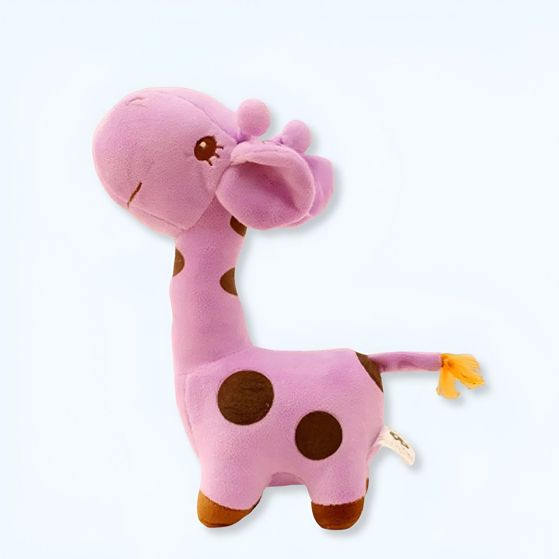 Zachte paarse girafknuffel met zwarte vlekken