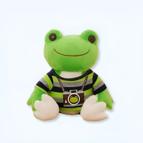 Une grenouille en peluche verte portant un t-shirt rayé bleu et vert et une caméra autour du cou.