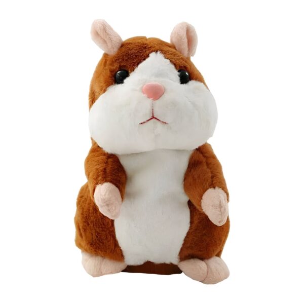 peluche-hamster-parlant-marron-jouet-interactif-chantant-1a Une peluche de hamster brun et blanc avec des yeux noirs et un petit nez rose.