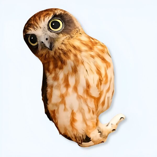 Un hibou brun et blanc avec de grands yeux jaunes regarde la caméra.