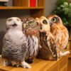 peluche-hibou-marron-et-blanc-50-cm-jouet-enfant-4a-1 Quatre coussins en forme de hiboux, un blanc, un marron, un beige et un brun, sont disposés sur une étagère en bois.