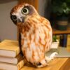 peluche-hibou-marron-et-blanc-50-cm-jouet-enfant-7a-1 Un coussin en forme de hibou brun avec de grands yeux jaunes, posé sur une pile de livres.