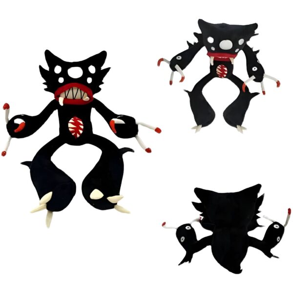 Peluche noire et rouge représentant un monstre avec des griffes, vue de face, de dos et de côté.