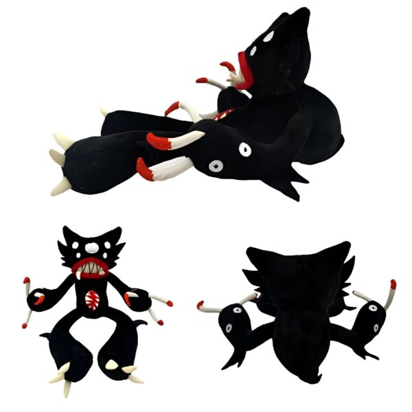 Une peluche noire et rouge avec de grands yeux et une grande bouche. La peluche a des bras et des jambes longs et fins, et elle est dans une position étrange.