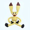 Peluche jaune avec de grandes oreilles et un large sourire, assis sur un fond blanc.