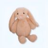 Un lapin en peluche beige assis sur un fond blanc.
