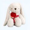 Un lapin en peluche blanc assis avec une rose rouge.