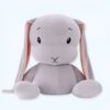 peluche-lapin-gris-bebe-jouet-doux-et-calin-1a Un lapin en peluche gris avec de longues oreilles roses assis sur un fond blanc.