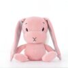 Un lapin en peluche rose assis sur un fond blanc.