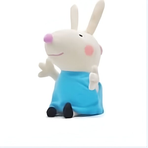 peluche-lapin-rebecca-jouet-en-peluche-doux-pour-enfants-cadeau-ideal-2a-2 Peluche de lapin blanc portant une robe bleue, souriant et levant une patte.