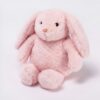 Un adorable lapin en peluche rose assis sur un fond blanc.