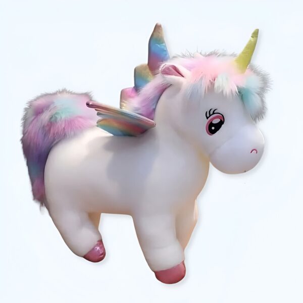 peluche-licorne-geante-80cm-petite-30cm-cadeau-fille-1a-1 Une licorne en peluche blanche avec des ailes arc-en-ciel et une crinière et une queue roses et bleues.