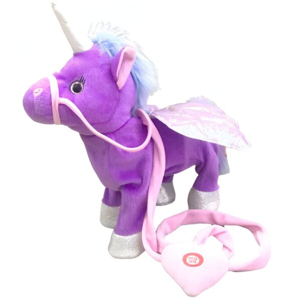 Une licorne en peluche violette avec des ailes argentées et une laisse rose. La licorne a un cœur rose sur sa laisse avec le mot "PRESS HERE".