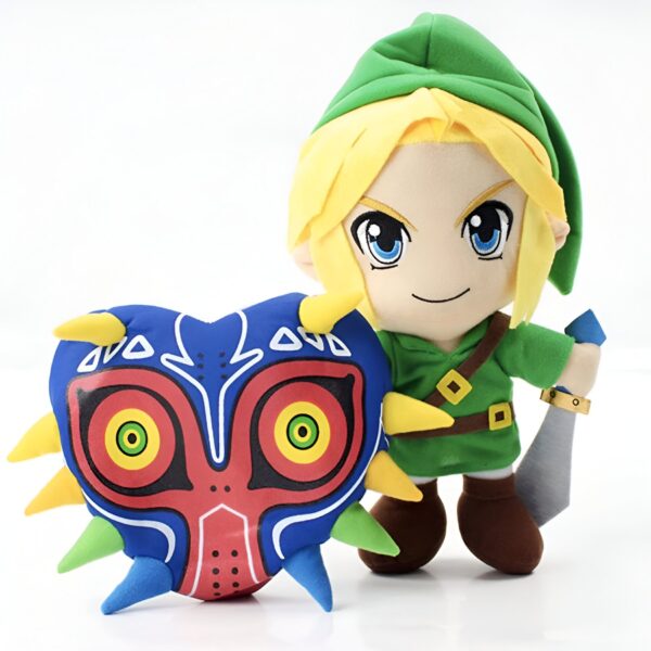 Peluche de Link, le héros de la série de jeux vidéo The Legend of Zelda, avec le masque de Majora.