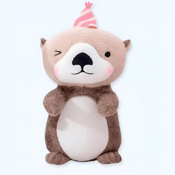Une peluche de loutre portant un chapeau de fête rose.
