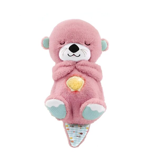 Une peluche rose en forme de loutre avec un cœur lumineux dans sa poitrine.