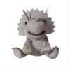 Une marionnette de dinosaure gris en peluche avec une bouche ouverte et des yeux noirs.