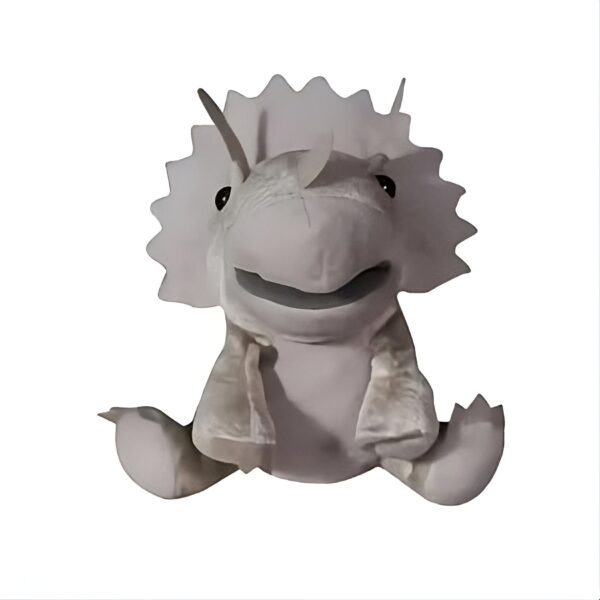 Une marionnette de dinosaure gris en peluche avec une bouche ouverte et des yeux noirs.