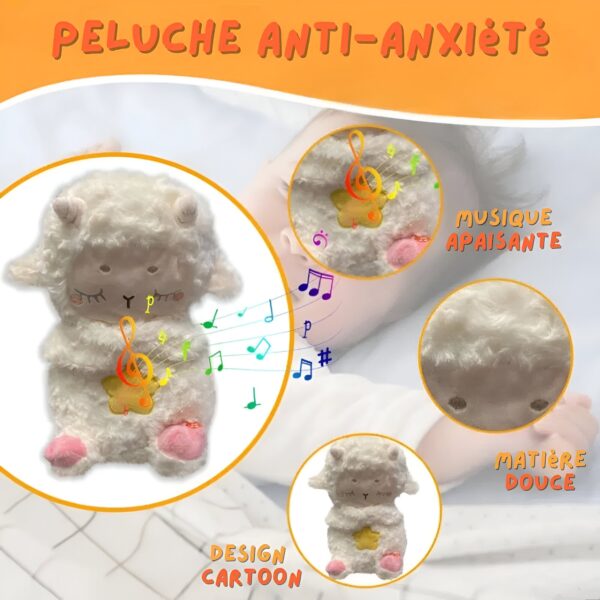 Peluche anti-anxiété en forme d'agneau avec musique apaisante et matière douce, design cartoon.