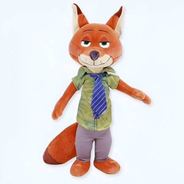 Peluche de Nick Wilde, le renard rusé du film Zootopie, portant une chemise verte à fleurs et une cravate violette.