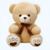 Ours en peluche beige assis avec un nœud brun. Il a des yeux noirs et un nez brun. Ses pattes ont des détails en forme de cœur.