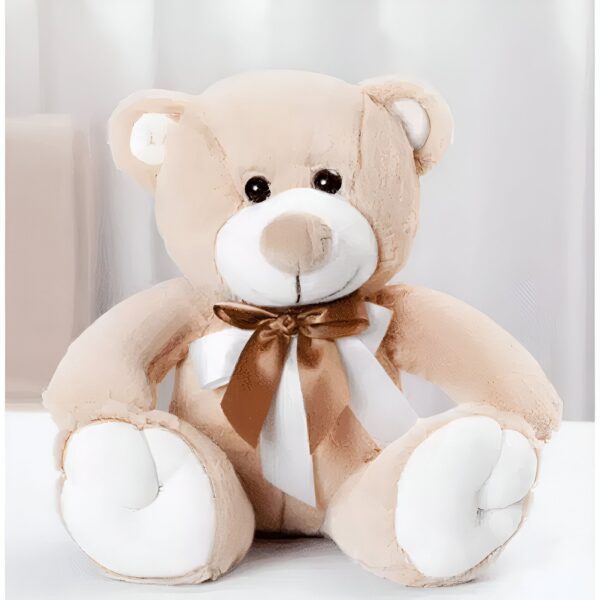 Un ours en peluche beige avec un nœud brun et blanc.