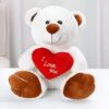 Un ours en peluche blanc tenant un cœur rouge avec l'inscription "Je t'aime"