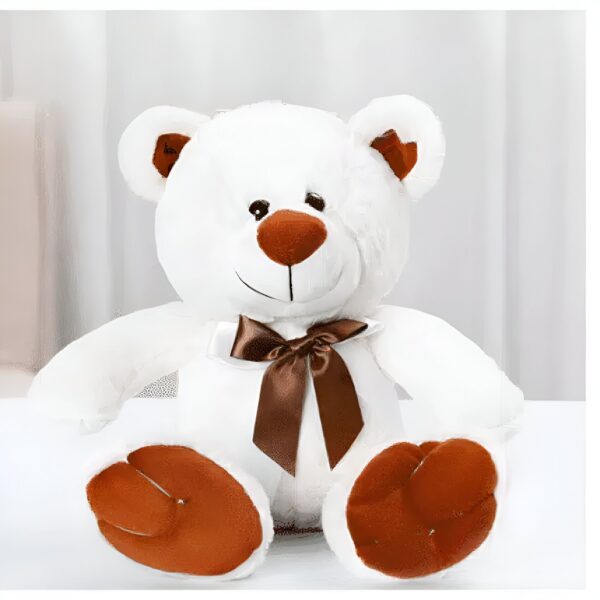Ours en peluche blanc avec un nœud brun et des pattes brunes.