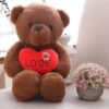 Un ours en peluche brun tenant un cœur rouge avec l'inscription "LOVE". L'ours est assis sur une surface blanche devant un pot de fleurs rose.