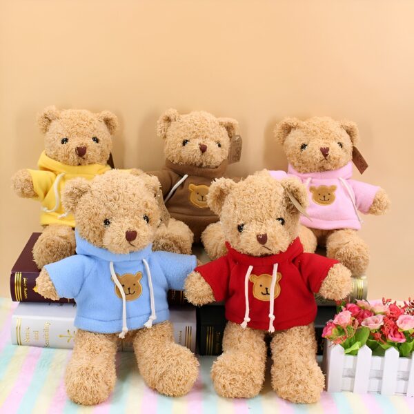 Cinq ours en peluche portant des sweats à capuche de différentes couleurs. Les ours sont assis sur une pile de livres et il y a des fleurs à côté d'eux.