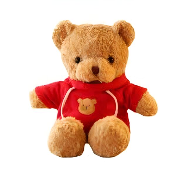 Ours en peluche brun portant un sweat-shirt rouge avec une broderie d'ours.