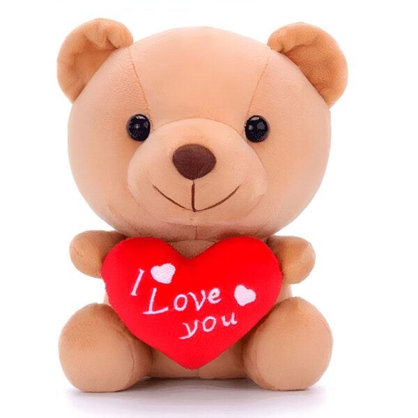 Un ours en peluche brun tenant un cœur rouge avec l'inscription "I Love You".