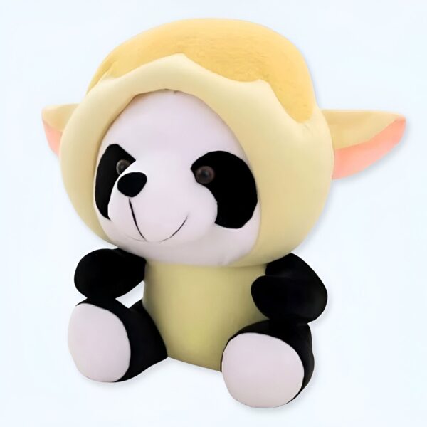 Peluche panda portant un costume jaune avec des oreilles.