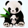 Deux peluches panda, l'une grande et l'autre petite, tenant un brin de bambou vert.