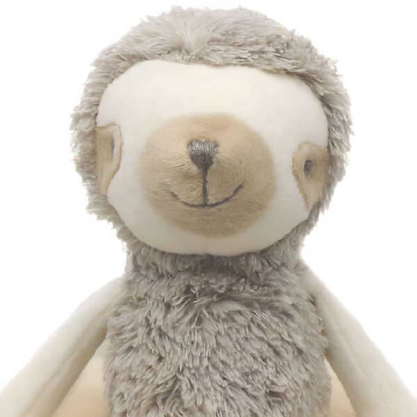 Une peluche de paresseux avec un sourire amical, de grands yeux marrons et de la fourrure douce.