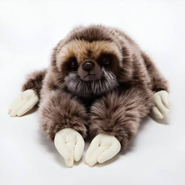 Un paresseux en peluche brun et beige avec de grandes griffes blanches.