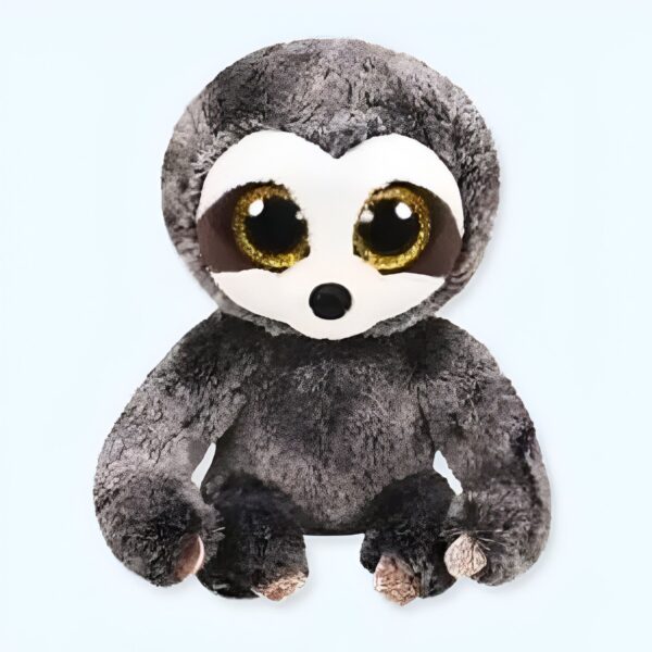 Un adorable paresseux en peluche gris avec de grands yeux brillants.