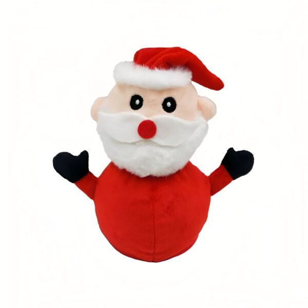 Jouet en peluche du Père Noël portant un costume rouge et une barbe blanche.