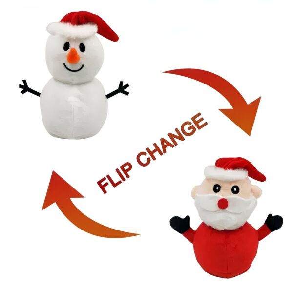 Un jouet en peluche représentant un bonhomme de neige qui se transforme en Père Noël lorsqu'on le retourne.