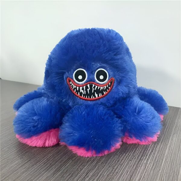 Peluche bleu à huit tentacules avec un sourire effrayant et des yeux noirs. Les tentacules sont en fourrure bleue avec des bords roses.