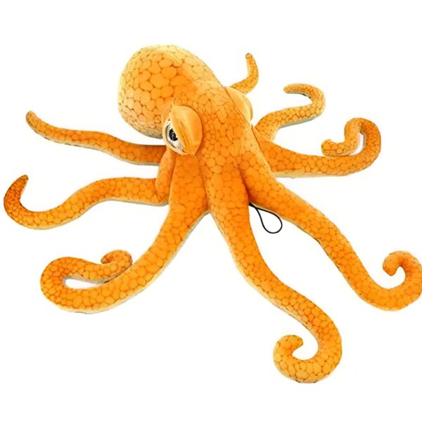 Une peluche de pieuvre orange avec huit tentacules.