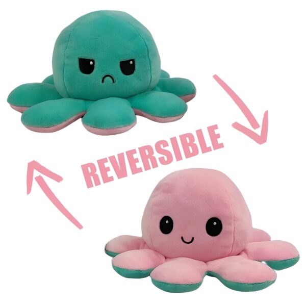 peluche-pieuvre-reversible-emoji-heureux-en-colere-cadeau-enfant-1a-1 Une pieuvre en peluche réversible avec un visage en colère d'un côté et un visage souriant de l'autre.