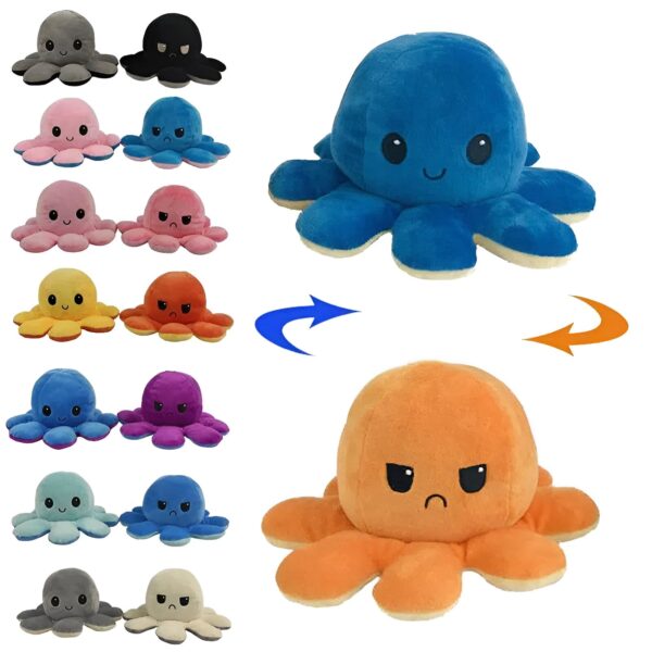 peluche-pieuvre-reversible-emoji-heureux-en-colere-cadeau-enfant-8a Une collection de poulpes en peluche renversables avec différentes expressions faciales, y compris un sourire et un visage en colère, dans une variété de couleurs.