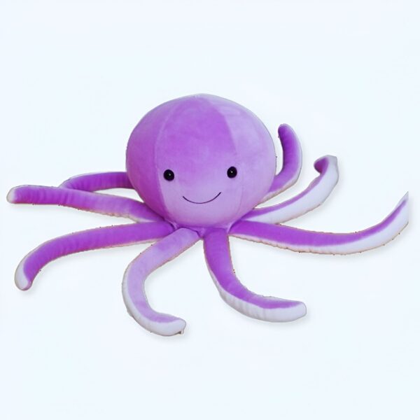 Une peluche de poulpe violette souriante avec des yeux noirs.