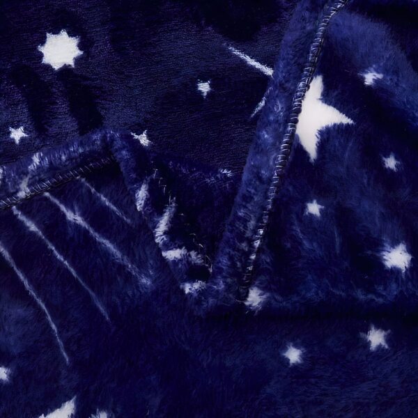 peluche-plaid-etoiles-lumineuses-bleu-nuit-4a-2 Une couverture en peluche bleu foncé avec un motif d'étoiles blanches.