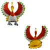 Peluche de l'oiseau légendaire Ho-Oh de Pokémon avec des ailes orange, des plumes vertes et dorées.