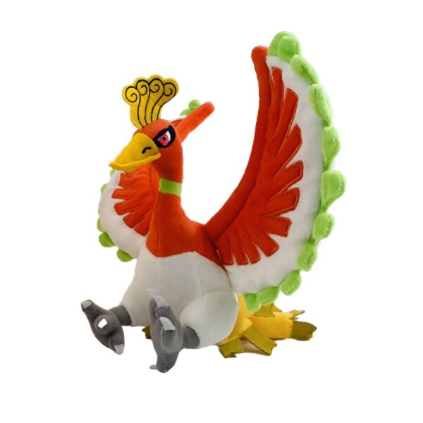Peluche de Ho-Oh, un Pokémon légendaire de type Feu et Vol, avec ses ailes déployées et ses couleurs vives.