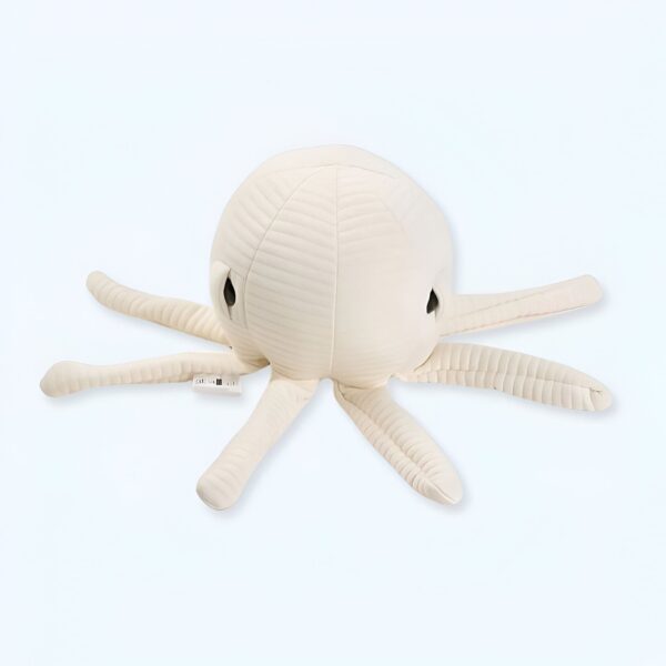 peluche-poulpe-blanc-jouet-en-peluche-pour-bebe-et-enfant-cadeau-doux-et-original-1a Une peluche blanche en forme de pieuvre avec des yeux noirs.