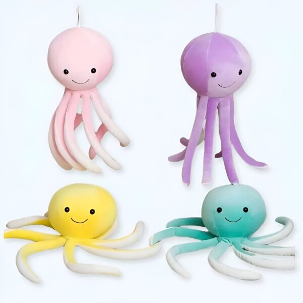 Jouets en peluche de poulpe dans des couleurs pastel - rose, violet, jaune et vert.