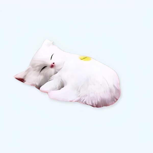 peluche-poupee-chat-blanc-qui-dort-1a-2 Un chat blanc endormi sur le dos, les yeux fermés.